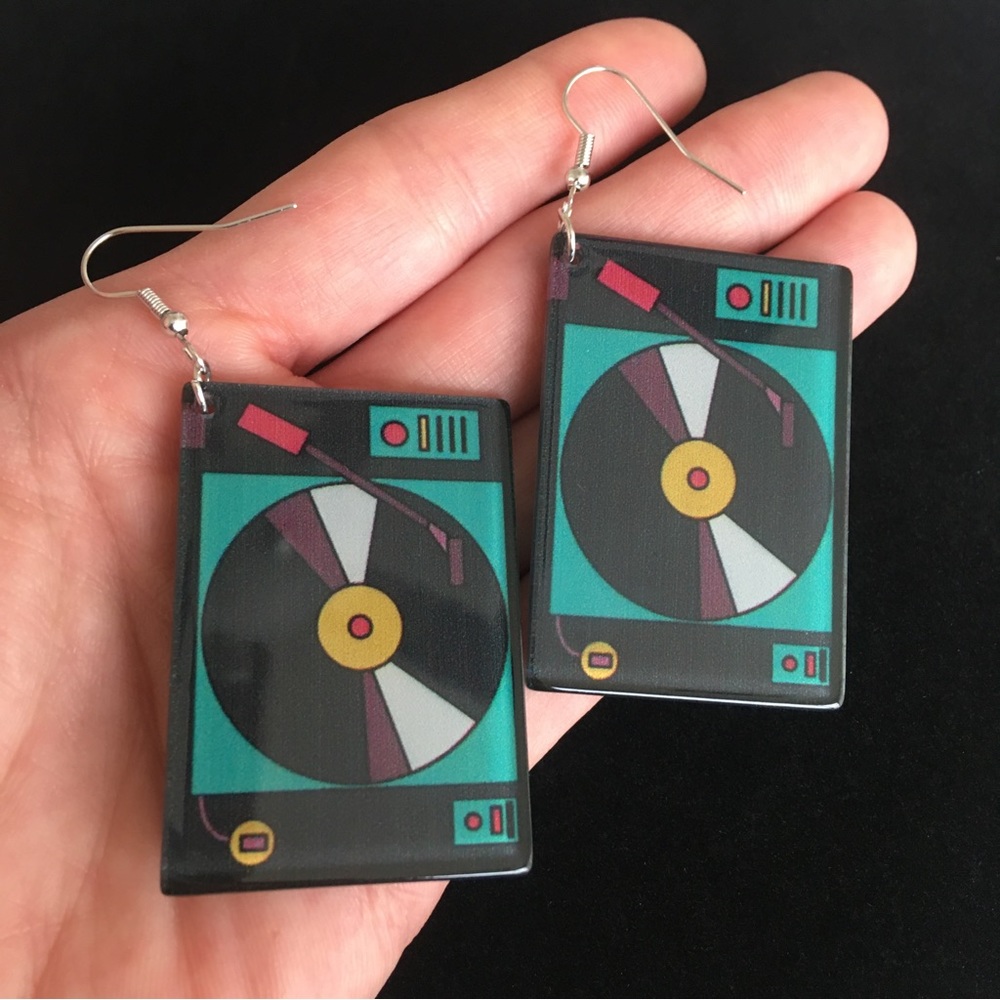 Music Record Player Vintage Style Dangle Earrings